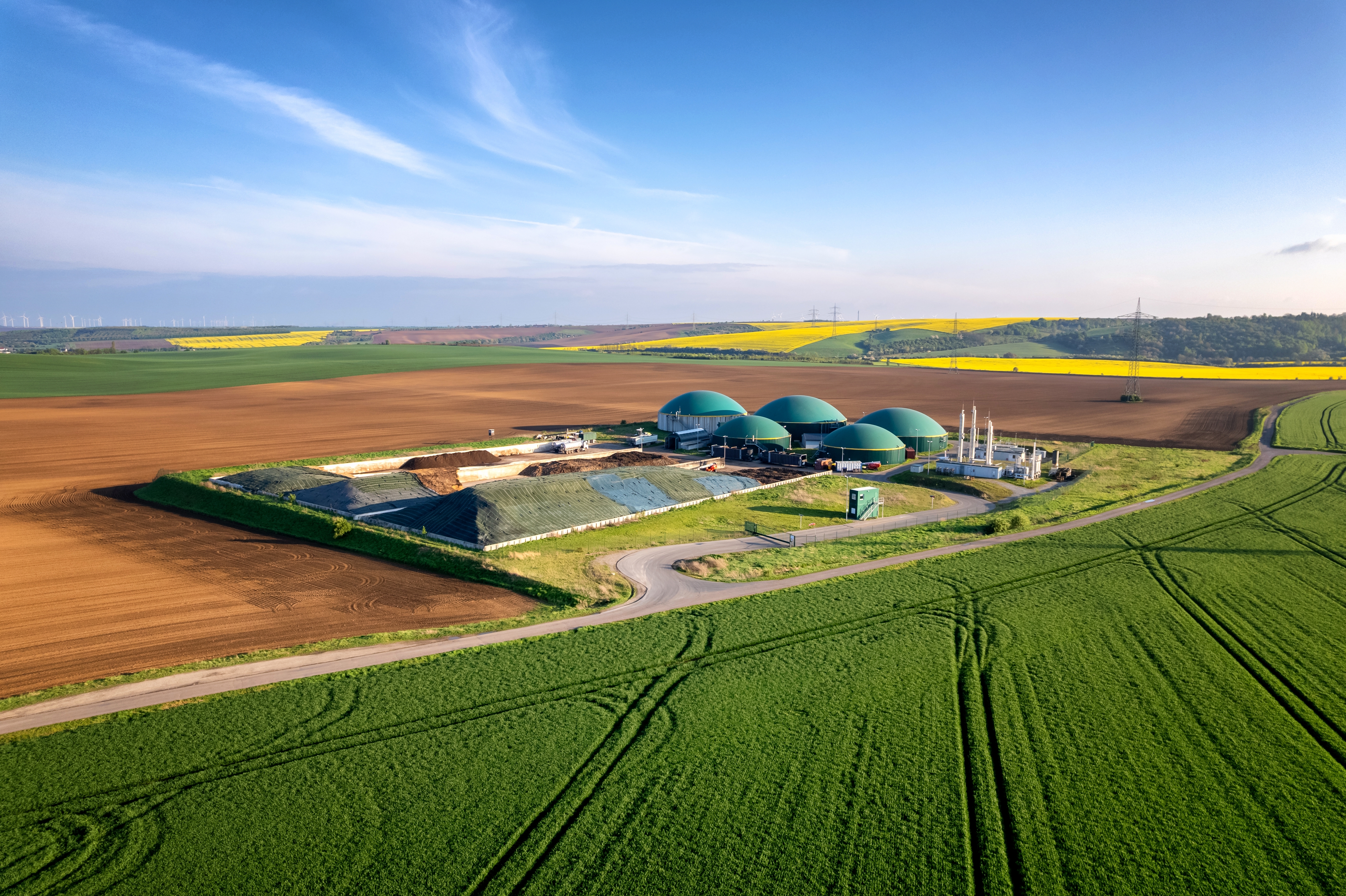 Agricultural biogas plant producing renewable energy in a rural farming region