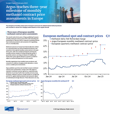 Argus reaches three-year milestone of monthly methanol contract price assessments in Europe