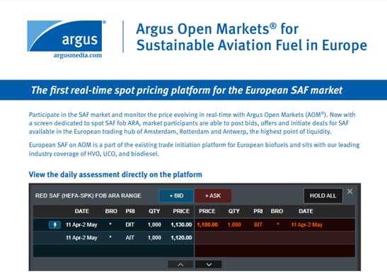 Argus Open Markets® for Sustainable Aviation Fuel in Europe